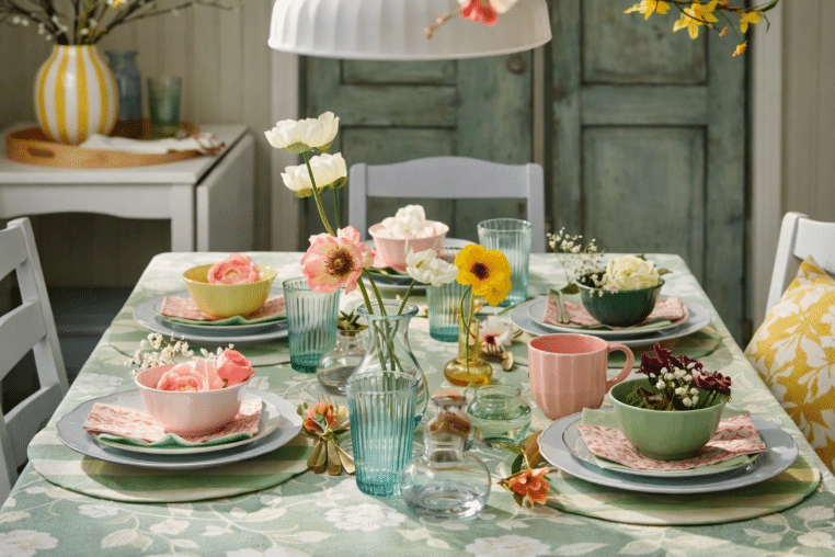 Een pastelkleurige lentetafel met kleurrijke kommen, geribbelde glazen en bloemen op een tafelkleed van plantaardig materiaal, in IKEA-stijl