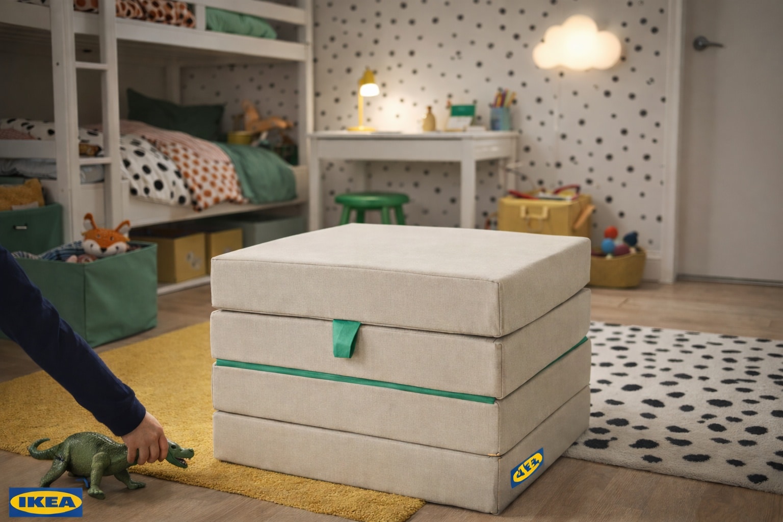 Pouf IKEA SLÄKT in een kinderkamer ontworpen om dagelijks ruimte te besparen.